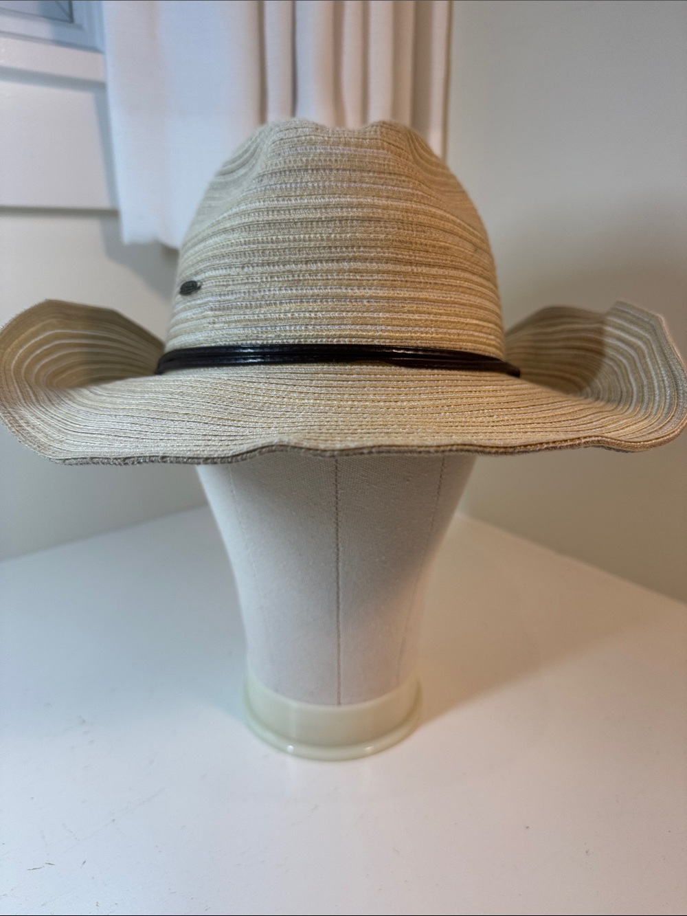Scala white, cream, tan poly straw fedora with shapable brim. OS.
